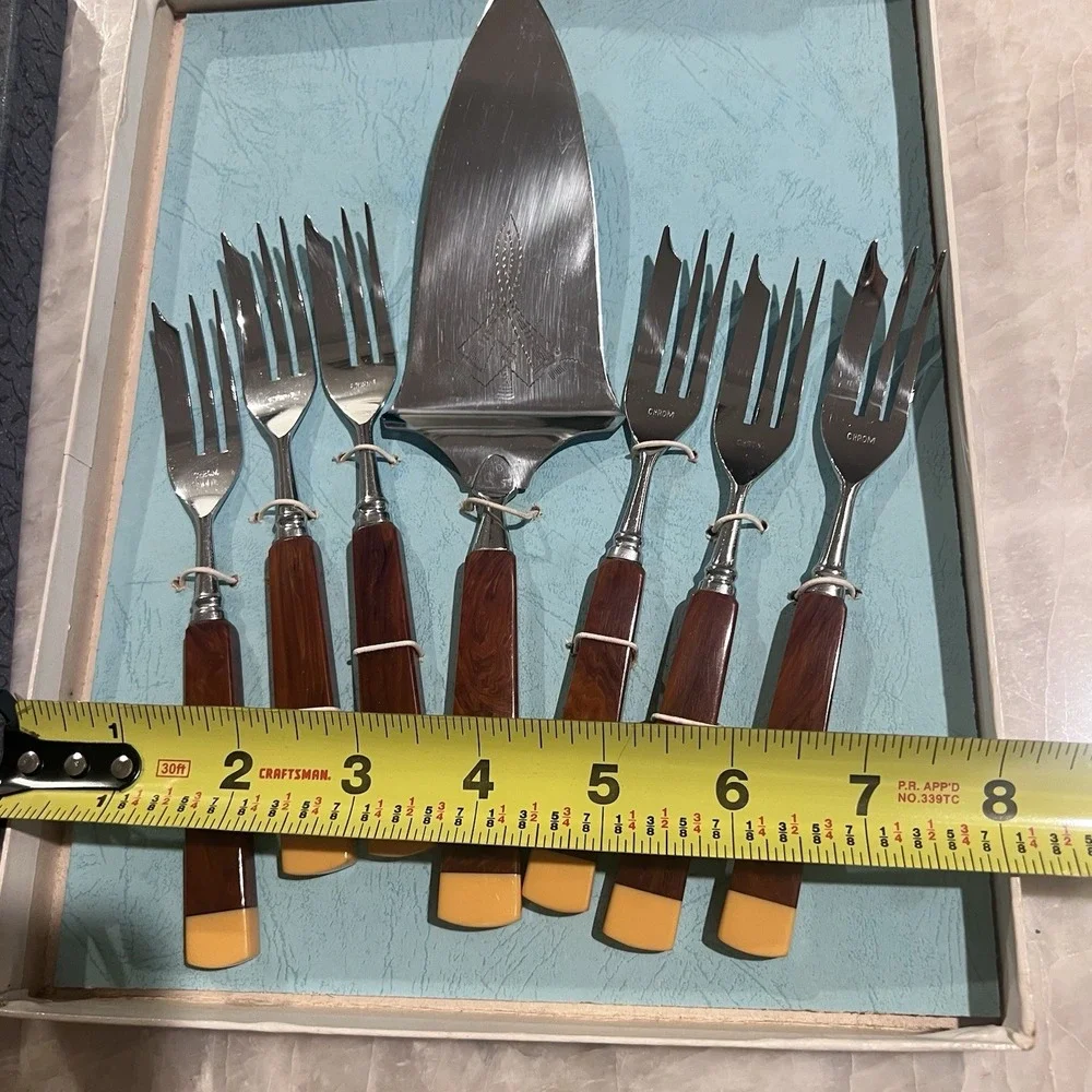 Vintage German Bakelite Cake Forks Server Set 7pc CHROM Art Deco Boxed